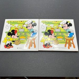 2 Vintage Walt Disney Productions Mickey Minnie Mouse Ceramic Trivet 4.5 inches